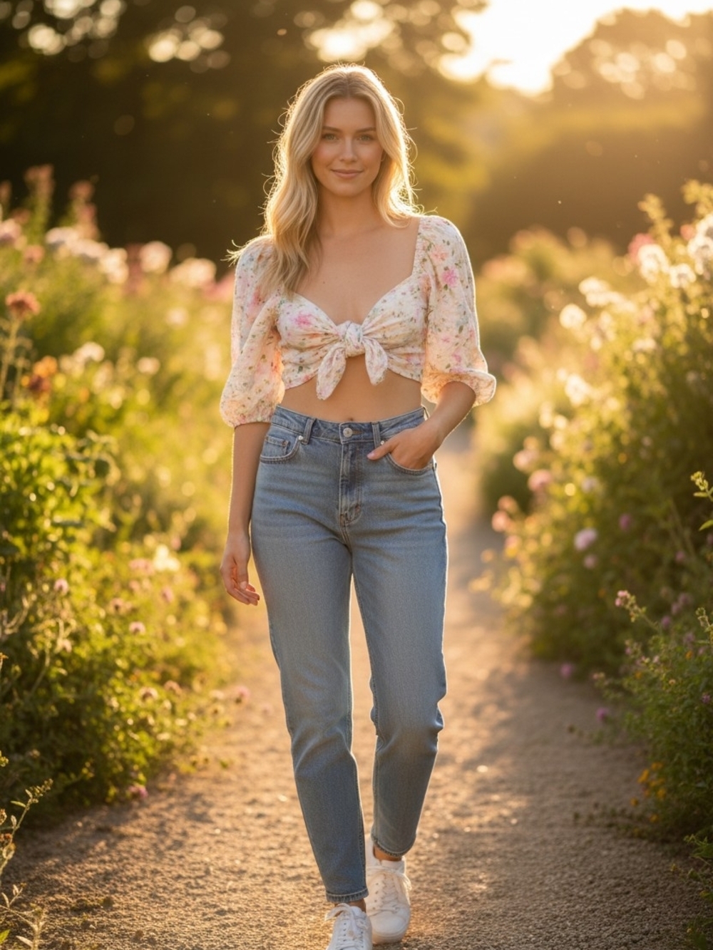 Abercrombie & Fitch Pink Cream Floral Tie-Front Puff Sleeve Crop Top